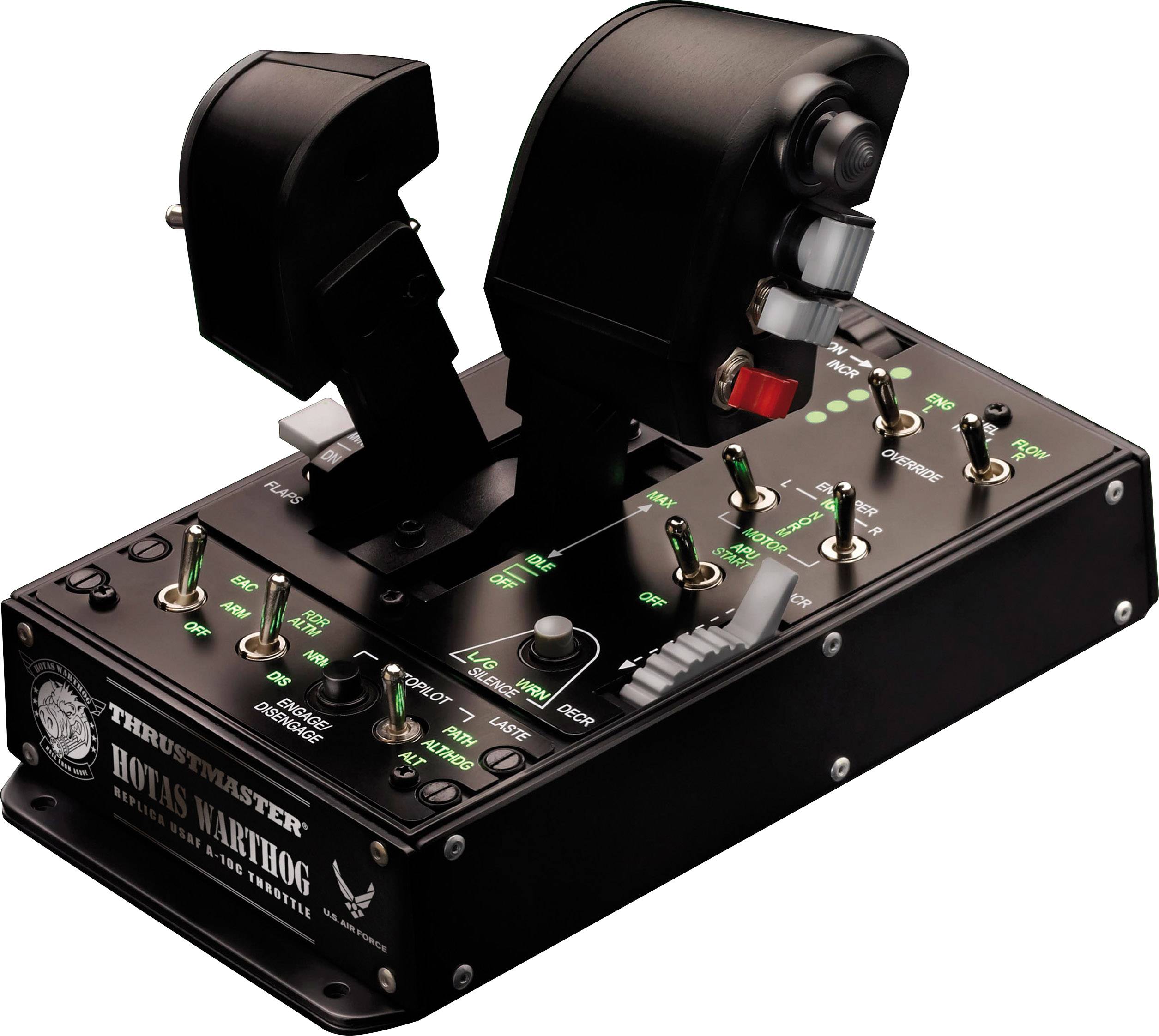 Letový simulátor - ovládací konzole s pákami, spínači a tlačítky vyrobenými z černého kovu, označená štítkem "Thrustmaster HOTAS Warthog".