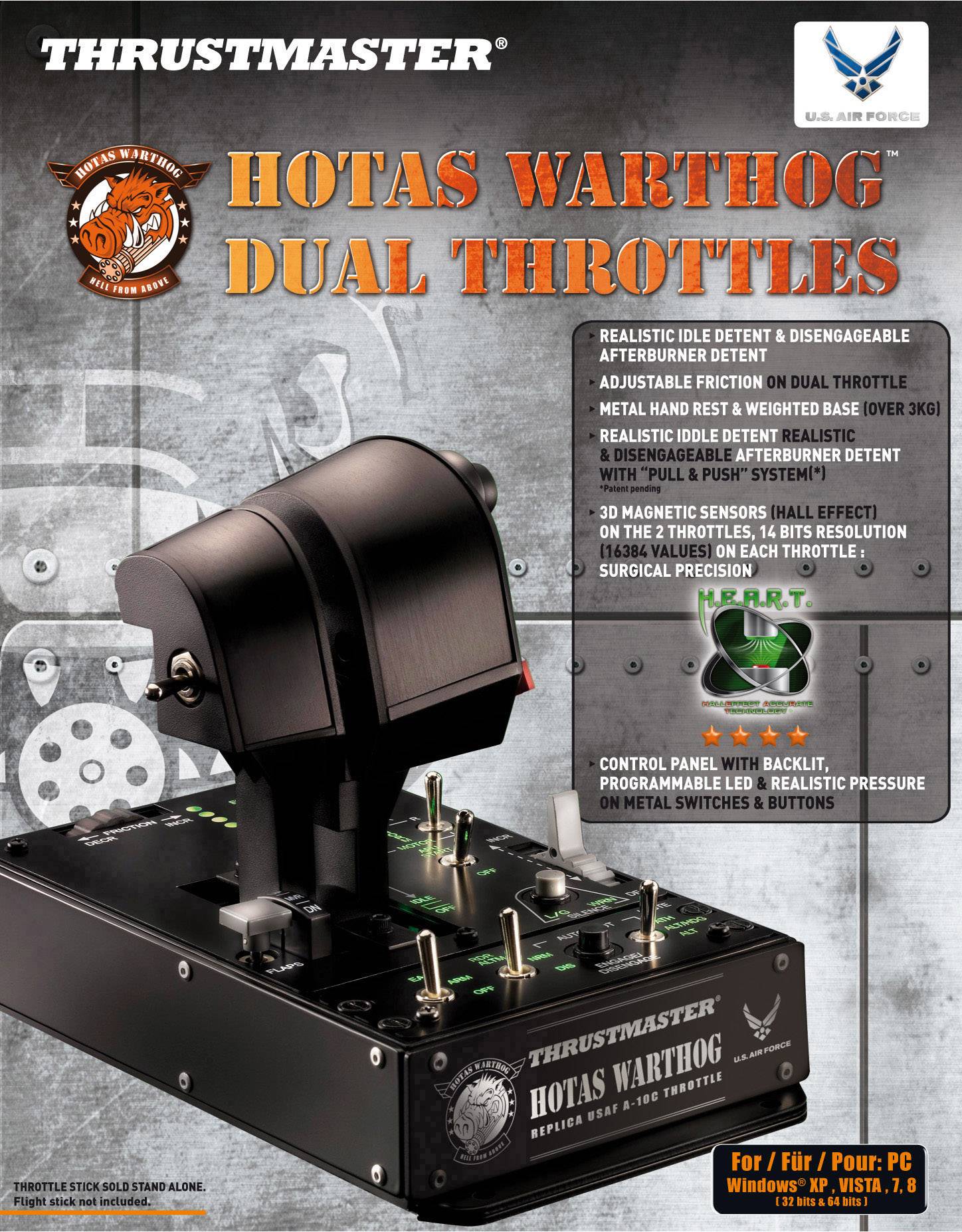 Joystick s dvěma plynovými pákami 'HOTAS Warthog' nabízí realistické ovládání pro letecké simulace. Kompatibilní s PC, Windows Vista/XP.