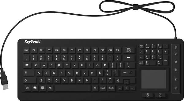 Keysonic KSK-6231 INEL (US) USB klávesnice US anglická, QWERTY černá silikonová membrána, vodotěsné (IPX7), s podsvícením, integrovaný touchpad, tlačítka myši