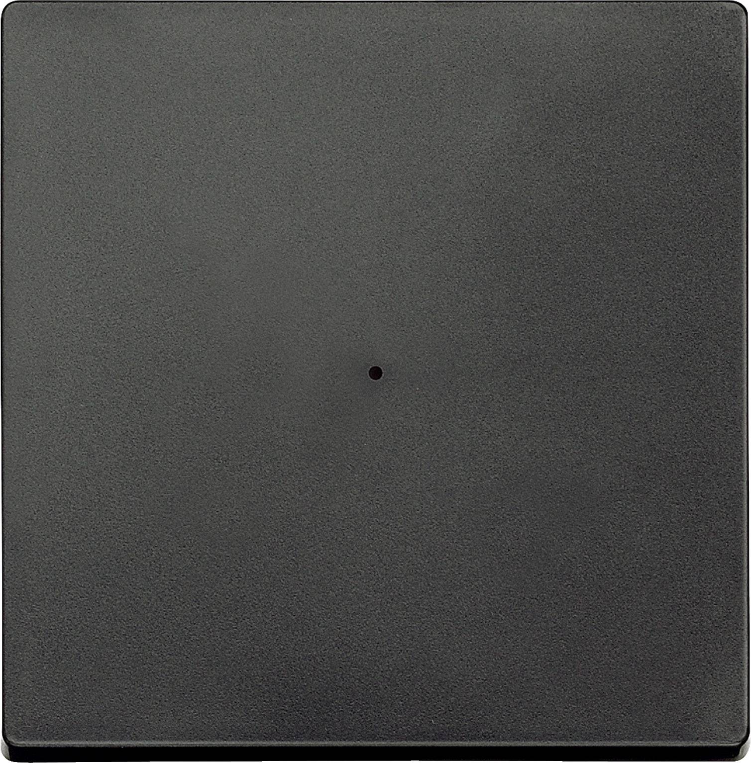 Obrázek ukazuje černý čtvercový vypínač s malým, centrálně umístěným bodem. Minimalistický design.