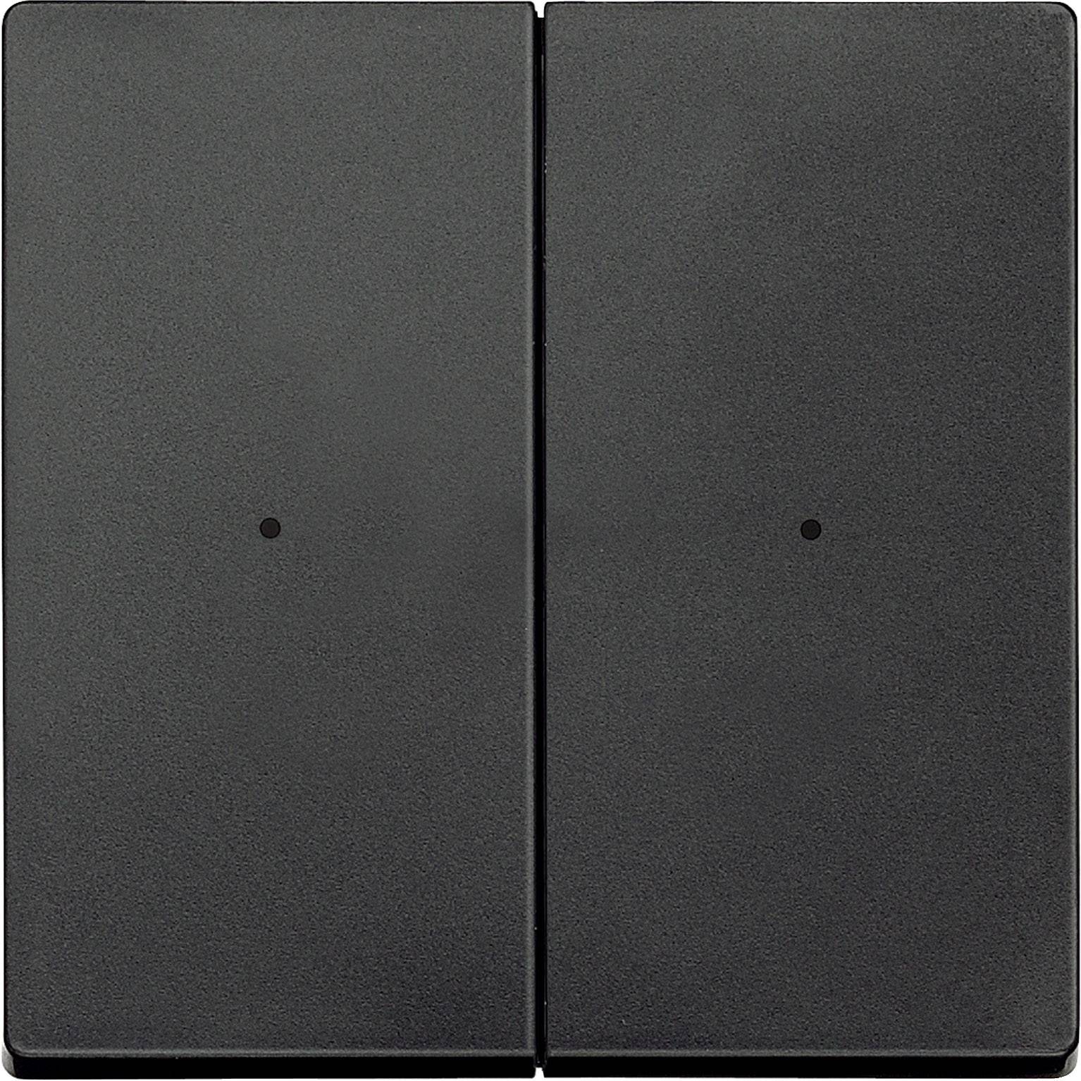 Dvojitý vypínač v tmavém provedení, namontovaný na stěně. Ideální pro moderní interiéry s minimalistickým designem.