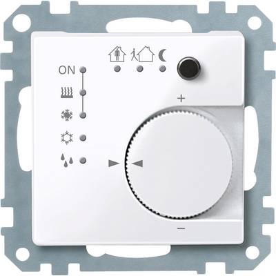 Termostat na zdi s ovládacím knoflíkem teploty a symboly pro topení, větrání a různé režimy jako den/noc.