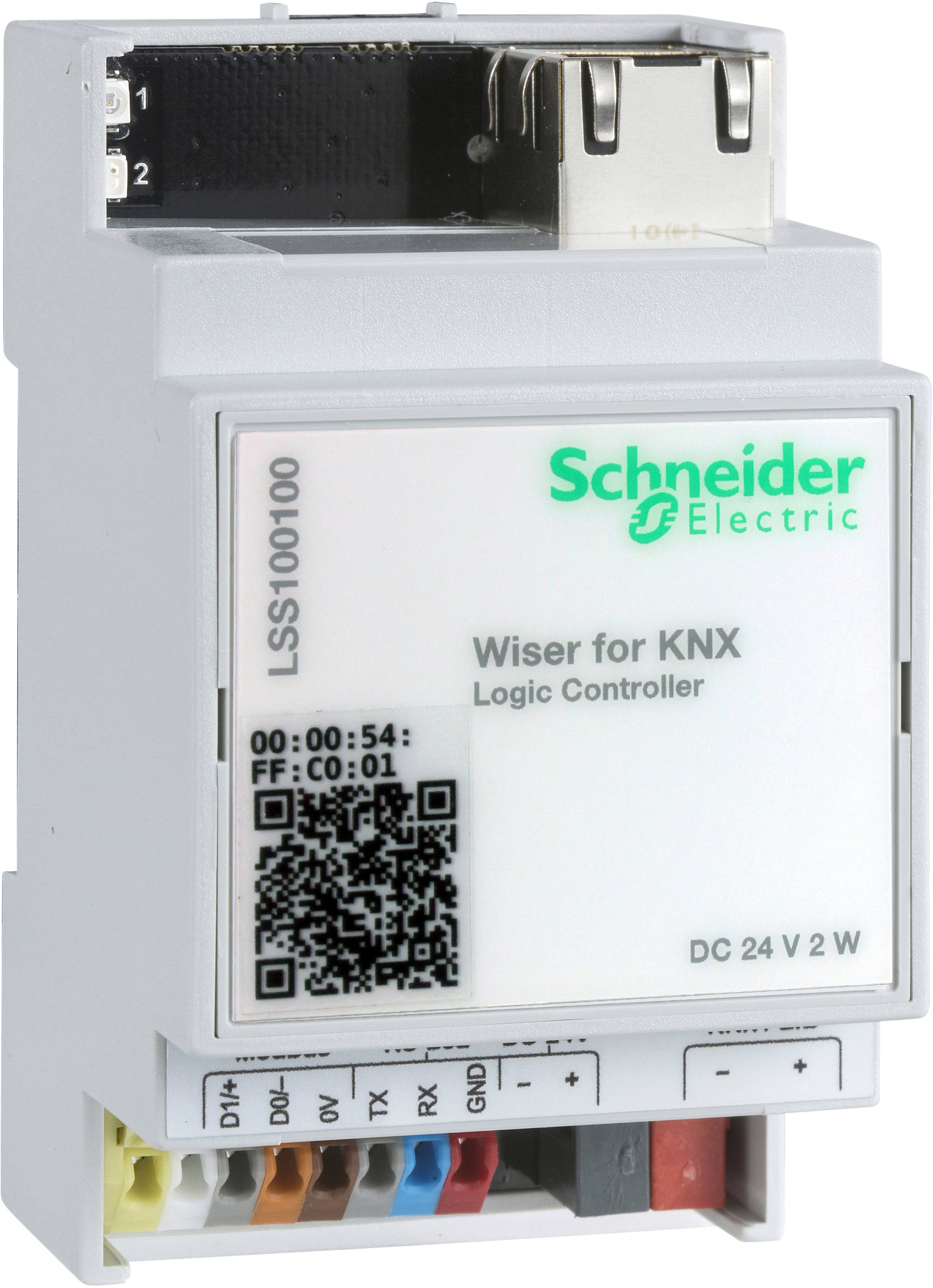 Kompaktní logický kontrolér od Schneider Electric pro KNX aplikace, model 'Wiser pro KNX', s QR kódem a několika připojovacími možnostmi.
