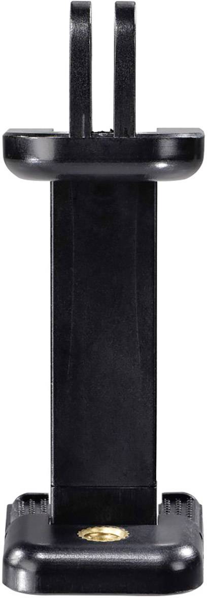 Černý držák na smartphone ve svislé orientaci, s závitovým otvorem dole pro upevnění na stativy nebo jiné držáky.
