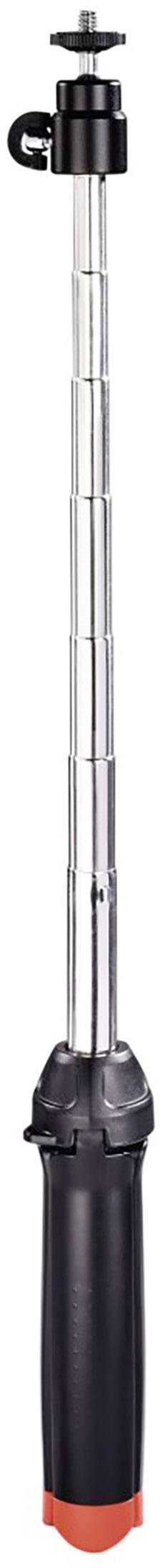 Výsuvný selfie stick s černou rukojetí a červeným spodkem, vybavený nastavitelným držákem pro smartphony.