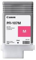 Šedá inkoustová cartridge s nápisem 'PFI-107M' a růžovým písmenem M. Značka: Canon, typ inkoustu: Magenta.