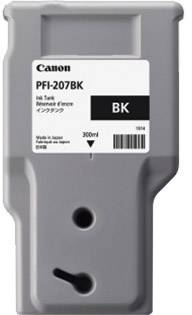 Šedá tisková cartridge pro Canon označená 'PFI-207BK'. Obsahuje černý inkoust, 300 ml.