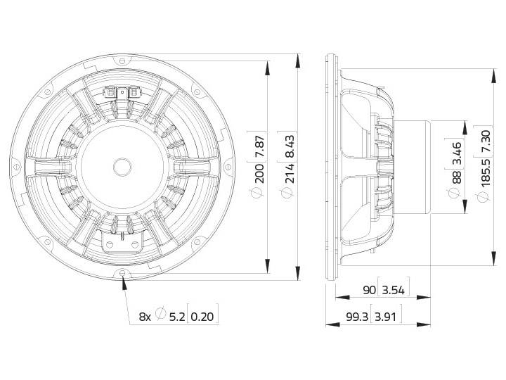 Technický výkres kulatého reproduktoru s rozměry: průměr 214 mm, výška 88 mm. Boční pohled zobrazuje montážní body.