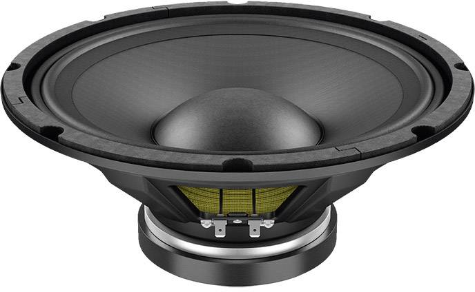 Velký černý subwoofer reproduktoru se žlutými akcenty uprostřed na bílém pozadí.
