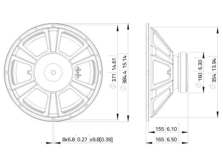Technický výkres reproduktoru s rozměry: průměr 384 mm, 371 mm a 354 mm, hloubka 160 mm. Šroubové otvory 6,8 mm.
