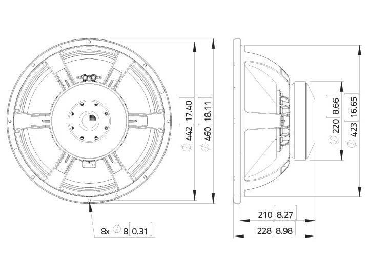 Technický výkres kulatého reproduktoru s rozměry: průměr 460 mm, hloubka 228 mm. Obsahuje pohledy zepředu a z boku.