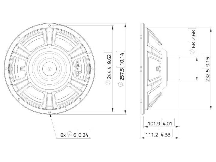 Technický výkres kulatého reproduktoru s rozměry v milimetrech; průměr 244,4 mm, hloubka 68 mm, několik montážních otvorů.