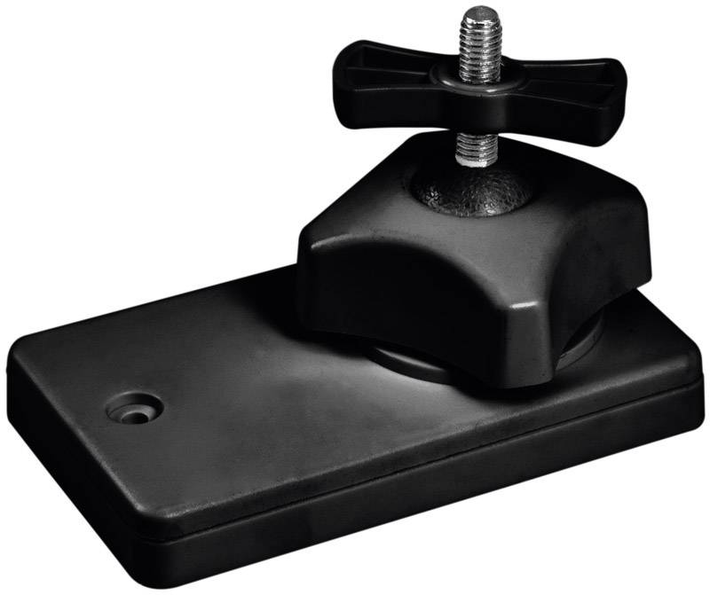 Černý plastový držák se šroubovacím mechanismem pro upevnění, vhodný pro zařízení nebo příslušenství.