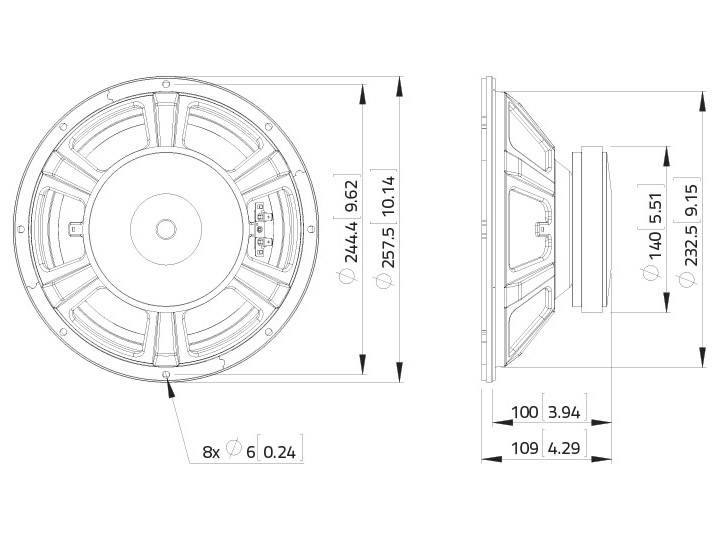 Výkres reproduktoru s rozměry. Pohled zepředu ukazuje průměr 257,5 mm. Boční pohled ukazuje hloubku 109 mm, montážní hloubku 100 mm.