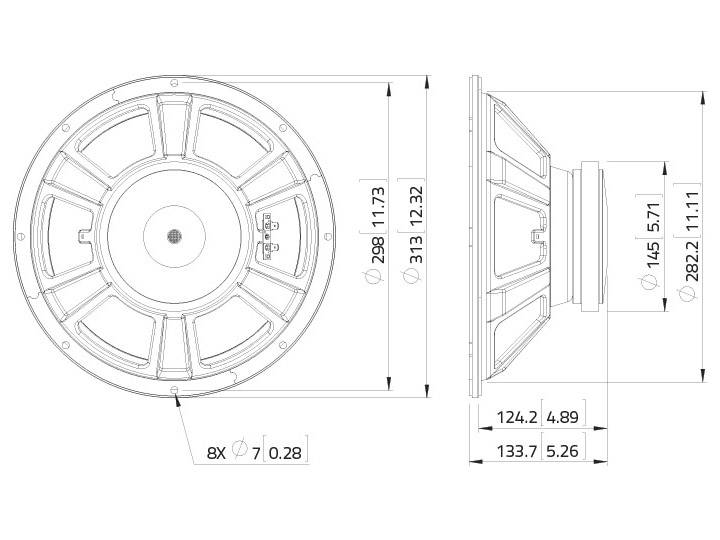 Technický výkres reproduktoru s pohledem zepředu a z boku. Vyznačené rozměry: průměr 313 mm, hloubka 133,7 mm.