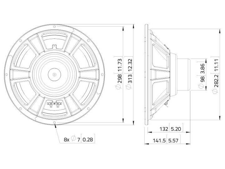 Technický výkres reproduktoru v pohledu zepředu a z boku s kótami. Hlavní průměr 298 mm, hloubka 132 mm.