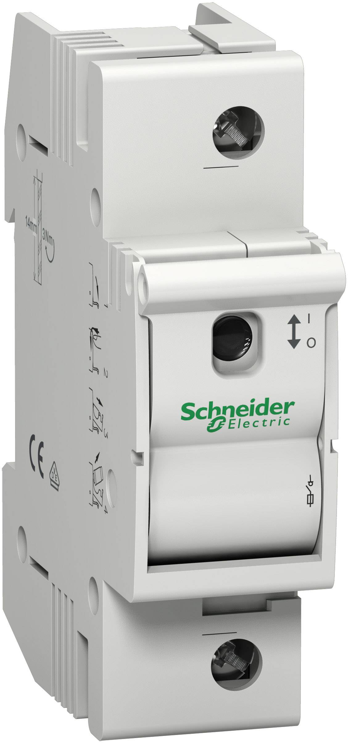 Výkonový spínač od Schneider Electric s označeními 'I' a 'O'. Používá se k ochraně elektrických obvodů před přetížením.