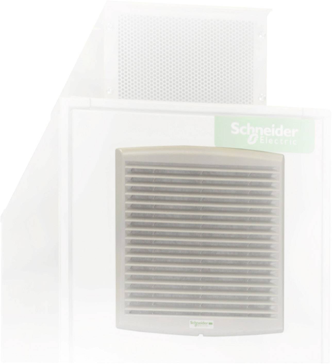 Větrací mřížka s logem Schneider Electric, namontovaná v bílém pouzdře, které pravděpodobně tvoří součást klimatizace.