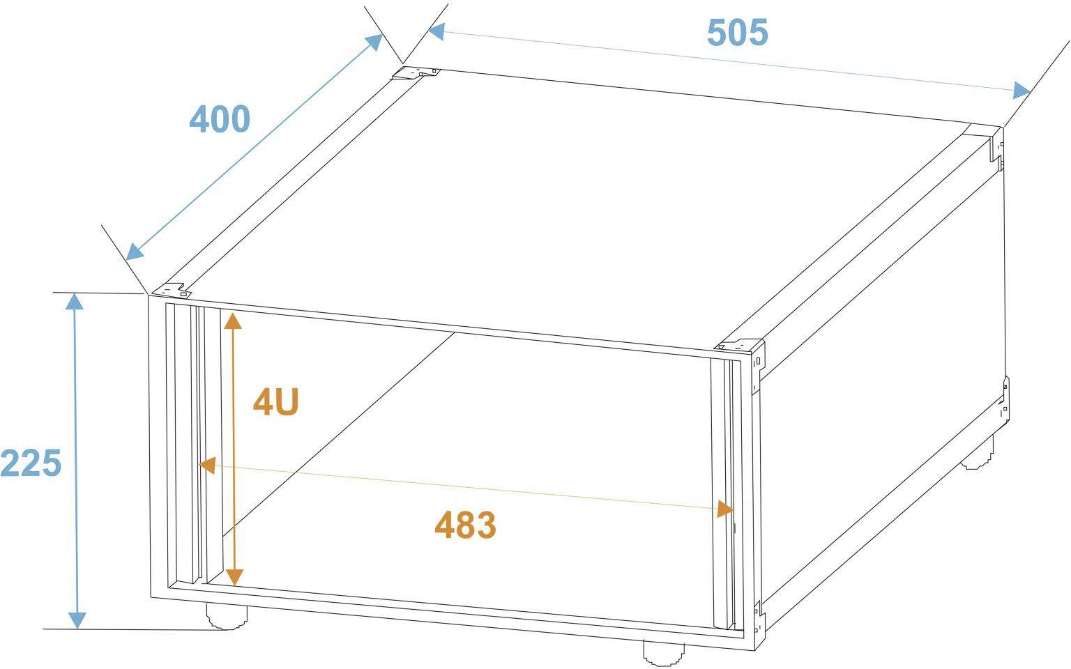 3D diagram obdélníkového pouzdra s rozměry: šířka 483 mm, hloubka 505 mm, výška 225 mm (4U), hloubka 400 mm na boční straně.