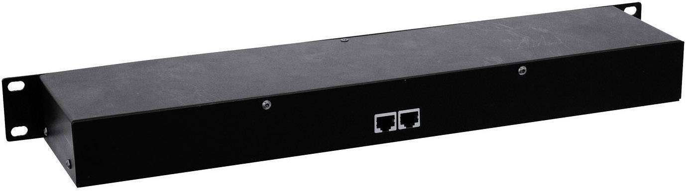 Černá racková skříň se dvěma ethernetovými porty, vhodná pro integraci do IT infrastruktury.