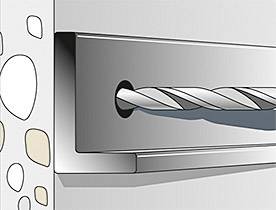 Kresba vrtáku se šroubovitým profilem, který je vrtán do betonové stěny, zobrazuje vrták z bočního pohledu během vrtání.