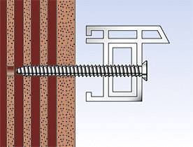Diagram šroubového profilu v cihlové zdi, znázorňující upevňovací techniku a strukturu kotvy.