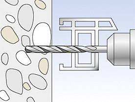 Ilustrace vrtáku, který provrtává zeď, znázorněná se stylizovanými symboly v pozadí.