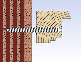 Ilustrace šroubováku spojujícího dřevěný díl s červenou cihlovou zdí, zobrazující způsob upevnění.