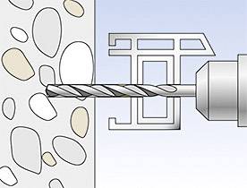 Ilustrace vrtáku, který vrtá do betonové stěny. Vedle je zobrazen symbol zakazující příklepové vrtání.
