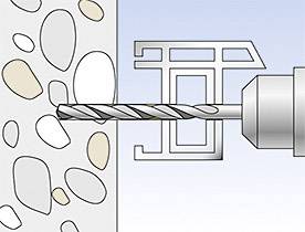 Vrtačka proniká betonovou stěnou. Z bočního pohledu je zobrazena struktura stěny a vrtání v akci.