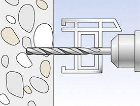 Vrták proniká betonovou stěnou. Ukazuje princip příklepného vrtání pro průnik tvrdými materiály, jako je beton.