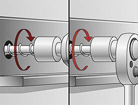 Ilustrace zobrazuje ráčnový nástroj, který otáčí šroubem s válcovou hlavou. Šipky vyznačují směr rotace.