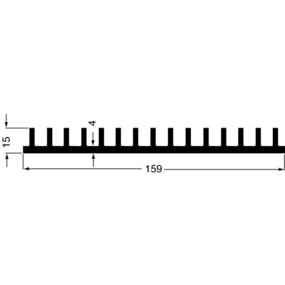 Diagram znázorňuje obdélníkový objekt s mnoha pravidelně rozmístěnými zuby nahoře. Rozměry: výška 15, šířka 159, rozestup zubů 4.