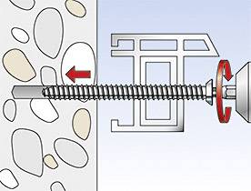 Diagram ukazuje, jak je šroub a hmoždinka namontována ve zdi. Červený šipka označuje směr zavedení.