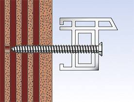 Ilustrace kovového nosníku připevněného šroubem k řadě cihel.