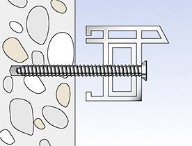 Šroub ukotvený ve zdi pomocí kovového profilu. Znázorňuje metodu upevnění pro zajištění stability.