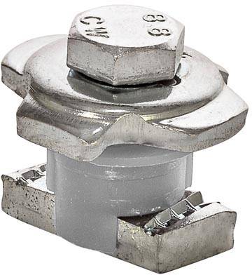 Šestihranný šroub s ozubeným okrajem na bílém válcovém podstavci, pravděpodobně elektronická součástka.