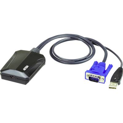 Převodní kabel VGA na USB, zobrazuje černé zařízení s VGA konektorem a USB zástrčkou, které propojuje starší zařízení s moderními počítači.