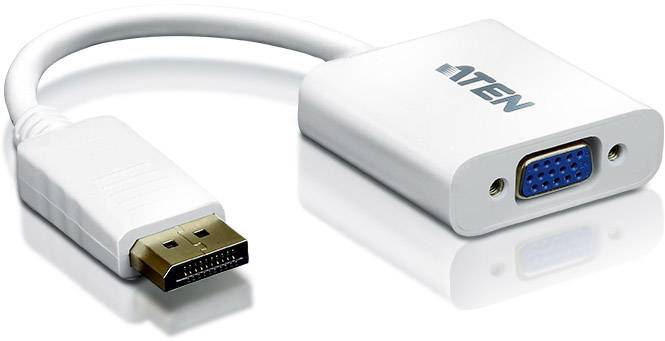 Bílý DisplayPort-VGA adaptér s konektorem DisplayPort a VGA vstupem, který slouží k propojení zařízení.