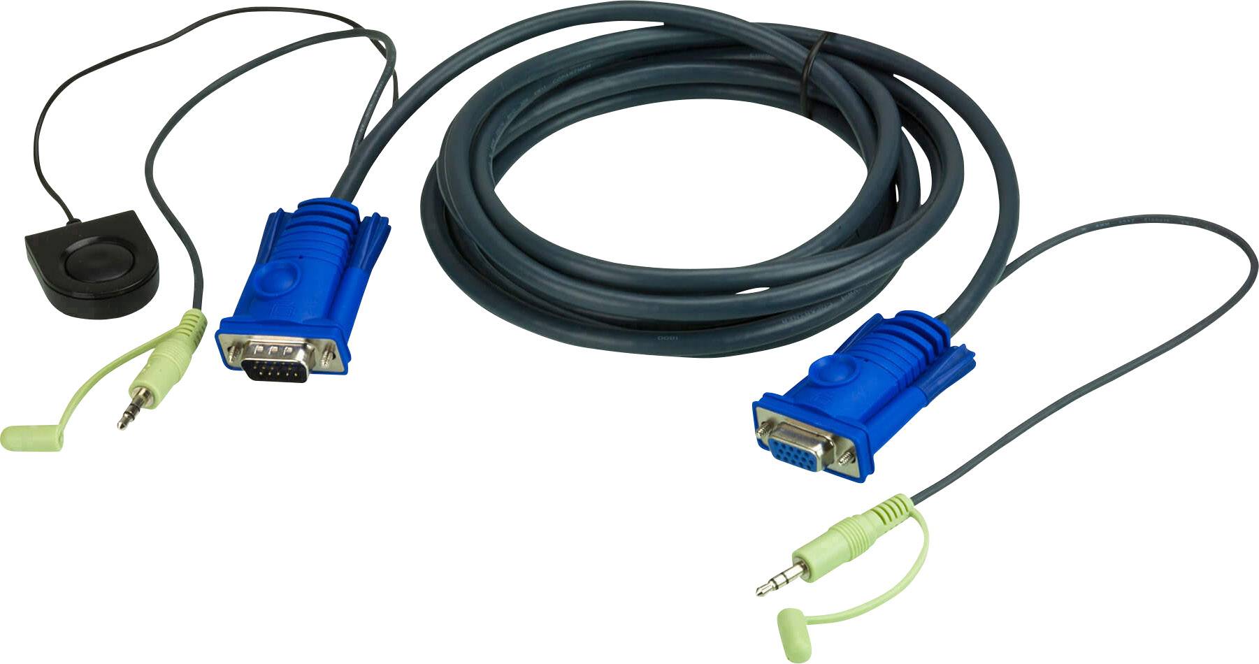 VGA kabel se zeleným audio konektorem, propojený s modrými konektory, svinutý vedle sebe. Součástí je černý kulatý adaptér.