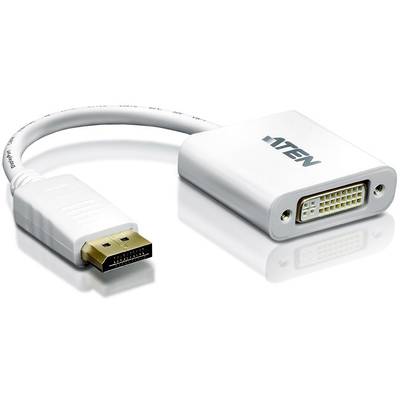 Bílý adaptér z DisplayPort na DVI s krátkým kabelovým úsekem na bílém pozadí.