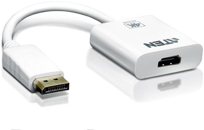 Bílý adaptér s konektorem DisplayPort na jedné straně a portem HDMI na straně druhé, vhodný pro přenos v rozlišení 4K.