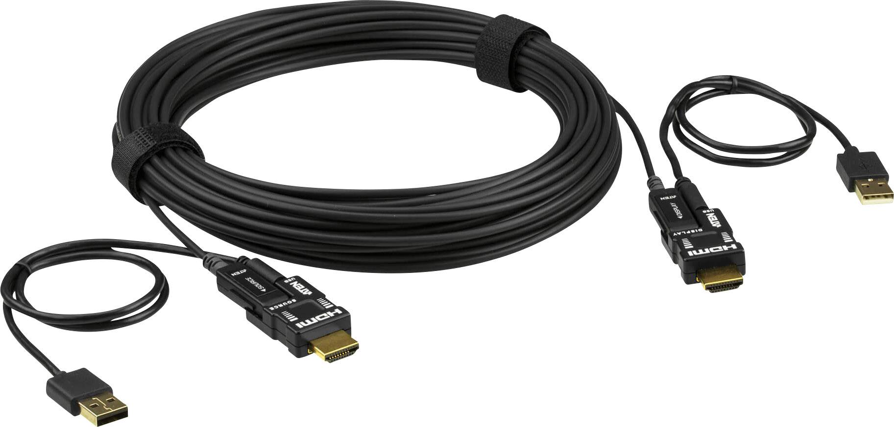 Dlouhý HDMI kabel s konektory na obou koncích, určený k propojení video a audio zdrojů s displejem.