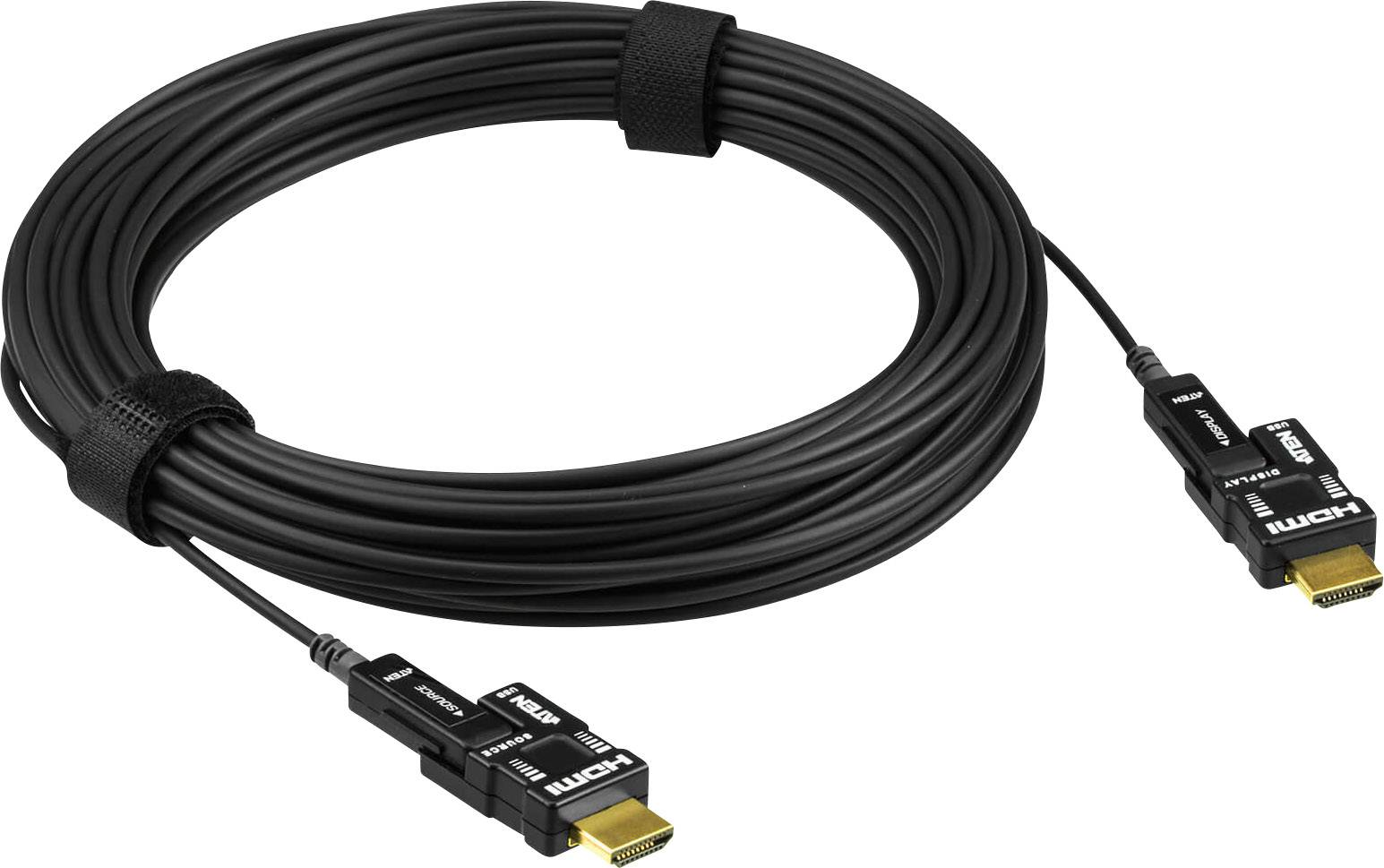 Dlouhý, navinutý HDMI kabel se dvěma konektory, který se používá pro propojení audio a video zařízení.