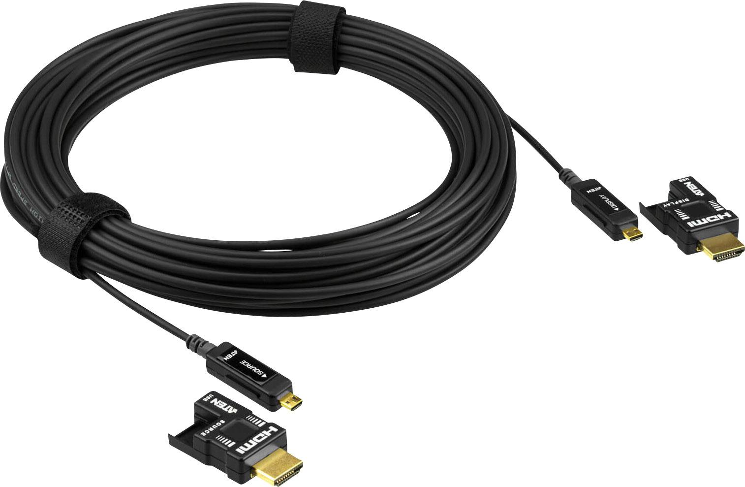 Černý HDMI kabel, svinutý, se dvěma zlatými konektory na obou koncích. Kabel má popis "HDMI".
