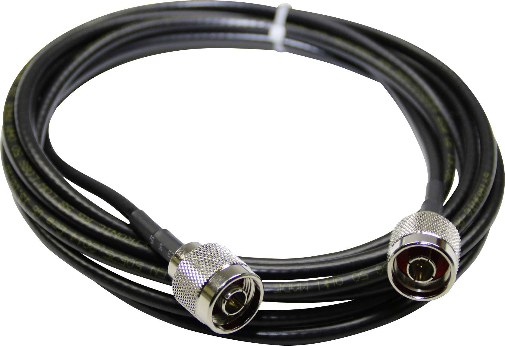 Koaxiální kabel se dvěma konektory na koncích, vhodný pro TV nebo anténní připojení.