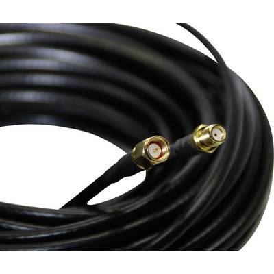 Černý koaxiální kabel se zlatými konektory, vhodný pro připojení antén nebo elektronických zařízení.