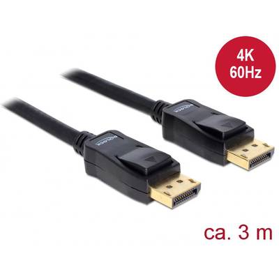 DisplayPort kabel, 3 metry, podporuje 4K při 60 Hz, černý design, dva koncové konektory se zlatými kontakty.