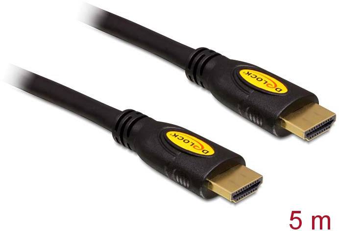Černý HDMI kabel se dvěma konektory, délka 5 metrů, vhodný pro audio a video připojení zařízení.
