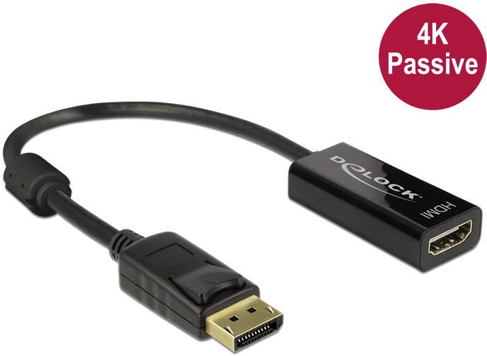 Adaptér DisplayPort na HDMI od společnosti Delock, podporuje rozlišení 4K, černý kabel, na červeném kruhovém textu upozorněno '4K Pasivní'.